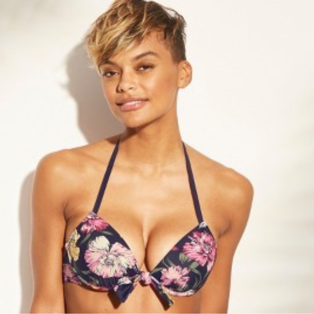 Kona Sol Navy Blue Floral Push Up Halter Underwire Bikini Top Like New EUCszD/DD